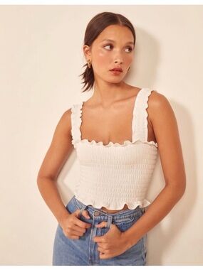 Reformation Off White Smocked Crop Top with Scalloped Straps Fitted Silhouette S